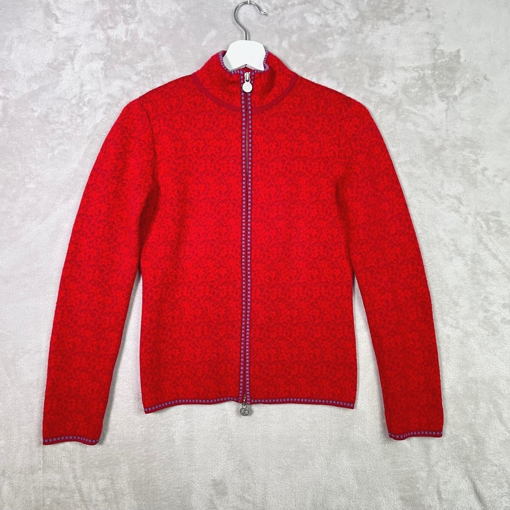 Vintage Neve Designs Red Womens 100% Wool Zip Sweater S Nordic Ski Mountain Y2K